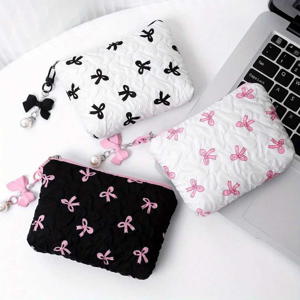 Embroidered bow makeup bag high appearance level coin purse storage bag cute large capacity highend makeup bagT251024