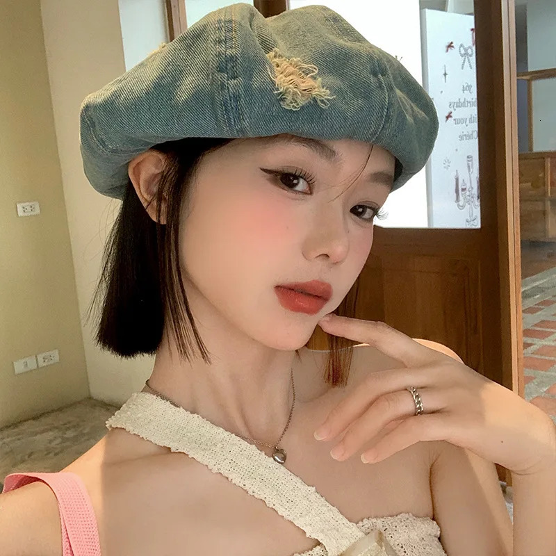 Trendy Blue Denim Beret Hat Slouchy French Style Cap for Women Chic Denim Beret Headwear Casual Accessories Spring Autumn 251023