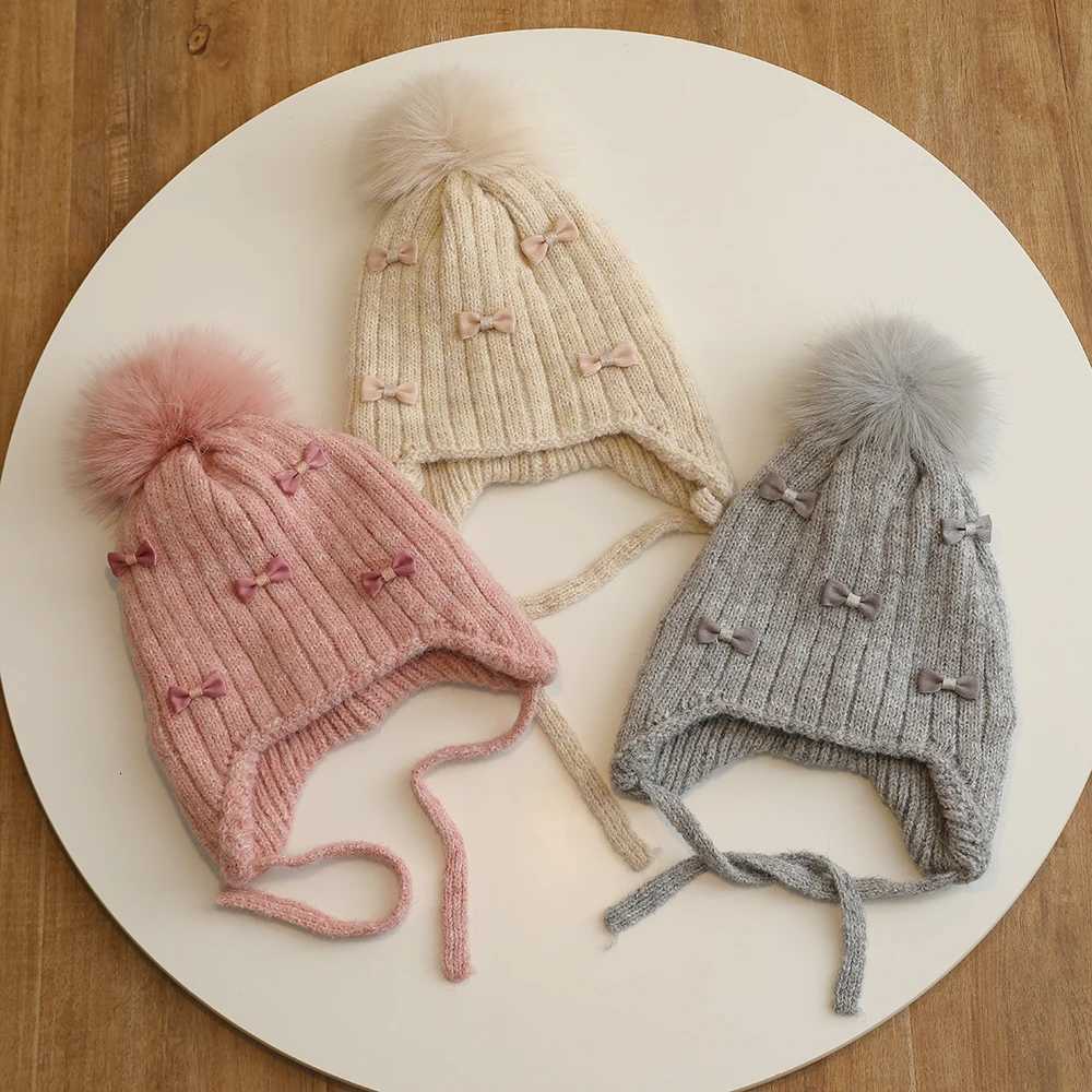 Princess Children Winter Hat for Girls Pompom Bows Kids Bonnet Hat Warm Ears Thicken Children Girl Cap Faux Fur Ball 26YL251024