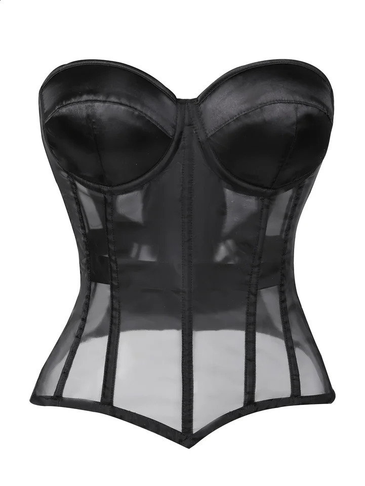 Black strapless mesh seethrough corset top for cinching the waist and shaping the body 251023