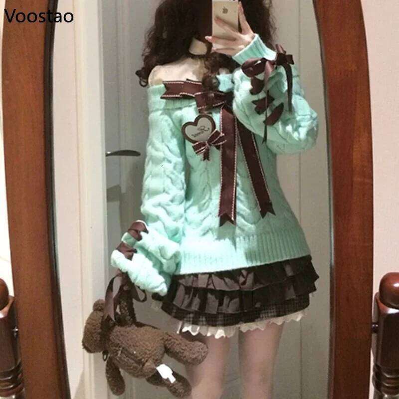 Sweet Lolita Style Christmas Red Knitted Pullover Autumn Winter Women Y2k Slash Neck Bow Sweaters Spice Girl Cute Knitwear Tops