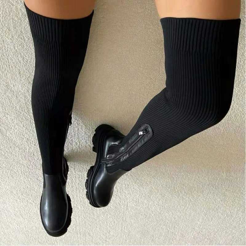 Women Thick Sole Boots 2024 Autumn Winter Breathable Knitting Sock Ladies Thigh High Boots Stretch Round Toe Shoes Plus Size 43 W251024