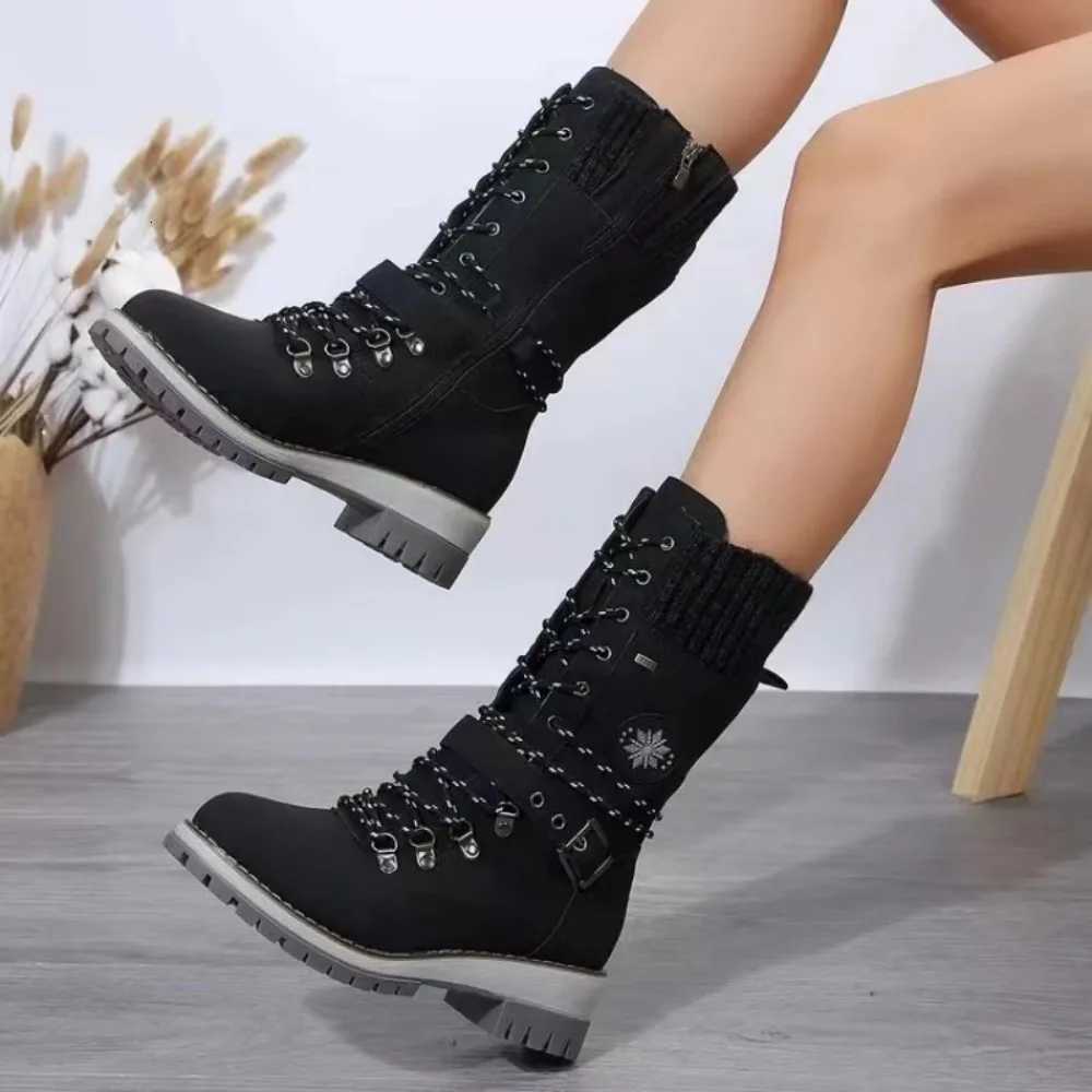 2024 Winter Outdoor Shoes for Women Side Zip Womens MidCalf Boots Square Heel Casual Womens Shoes Med Heel Ladies Boots W251024