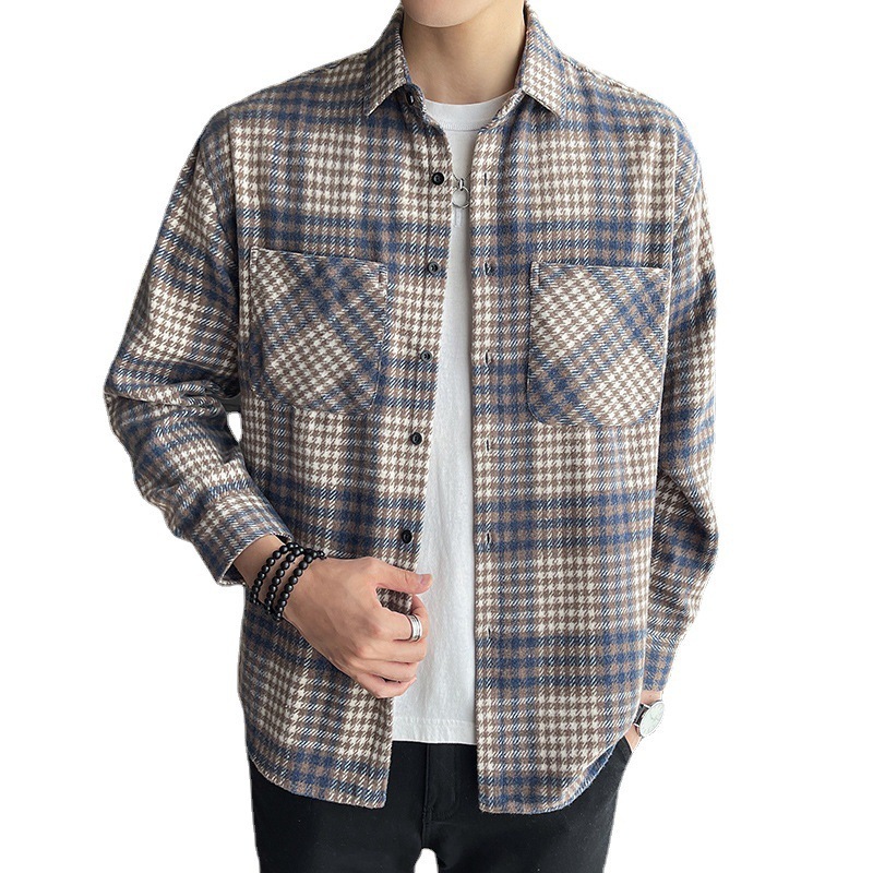 Plaid Trendy Men's Casual Loose Color-Block Long Sleeve Fashion Shirt Jacket