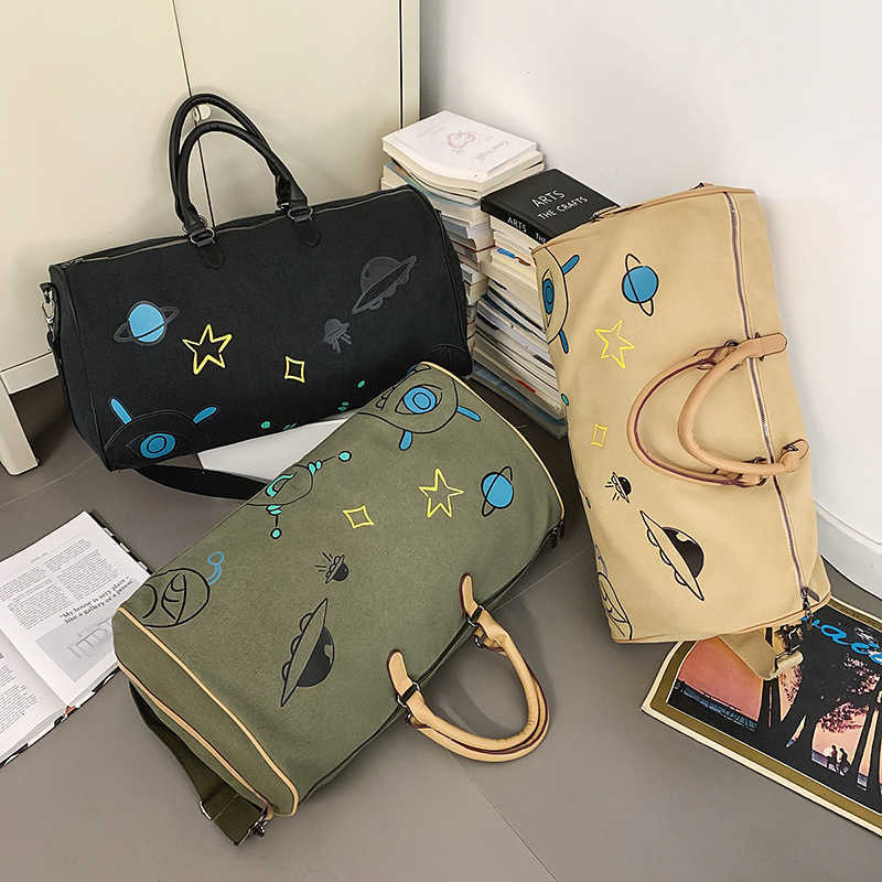 Korean Style Fashion Large Capacity Canvas Travel Bag Cartoon Graffiti Business Trip Short Distance Couple Shoulder Bag Gym Bag