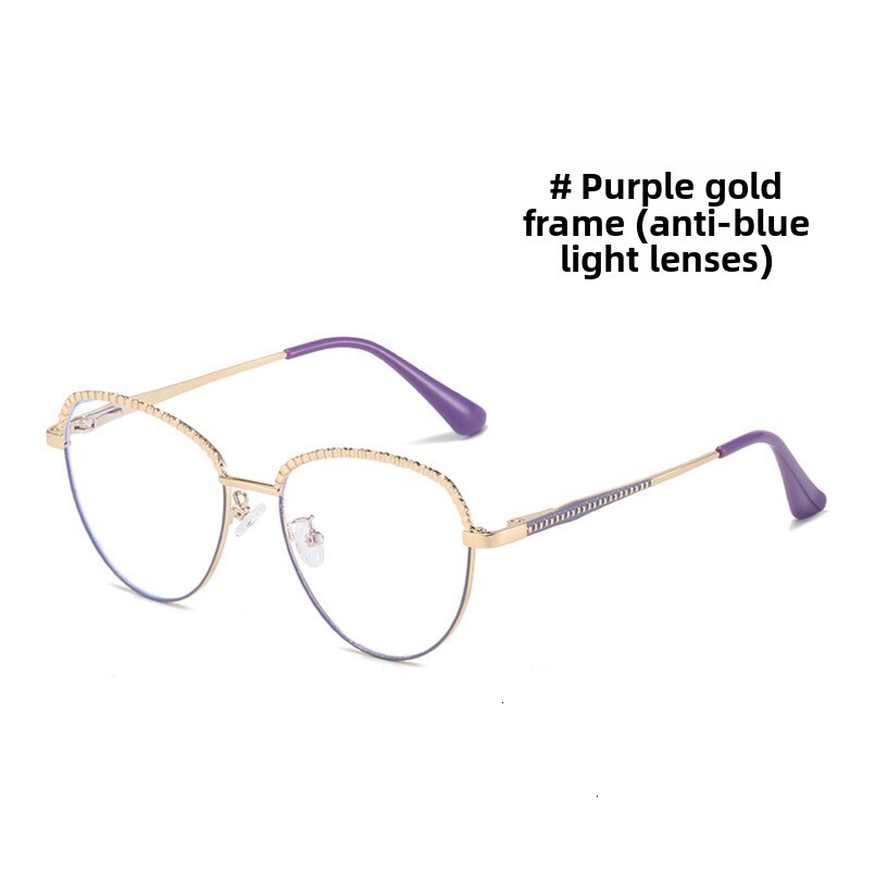 New Cat Eye Large Frame Metal Blue Light Blocking Non-Prescription Glasses Fashionable Women's Eyeglass Frames Can Be Paired