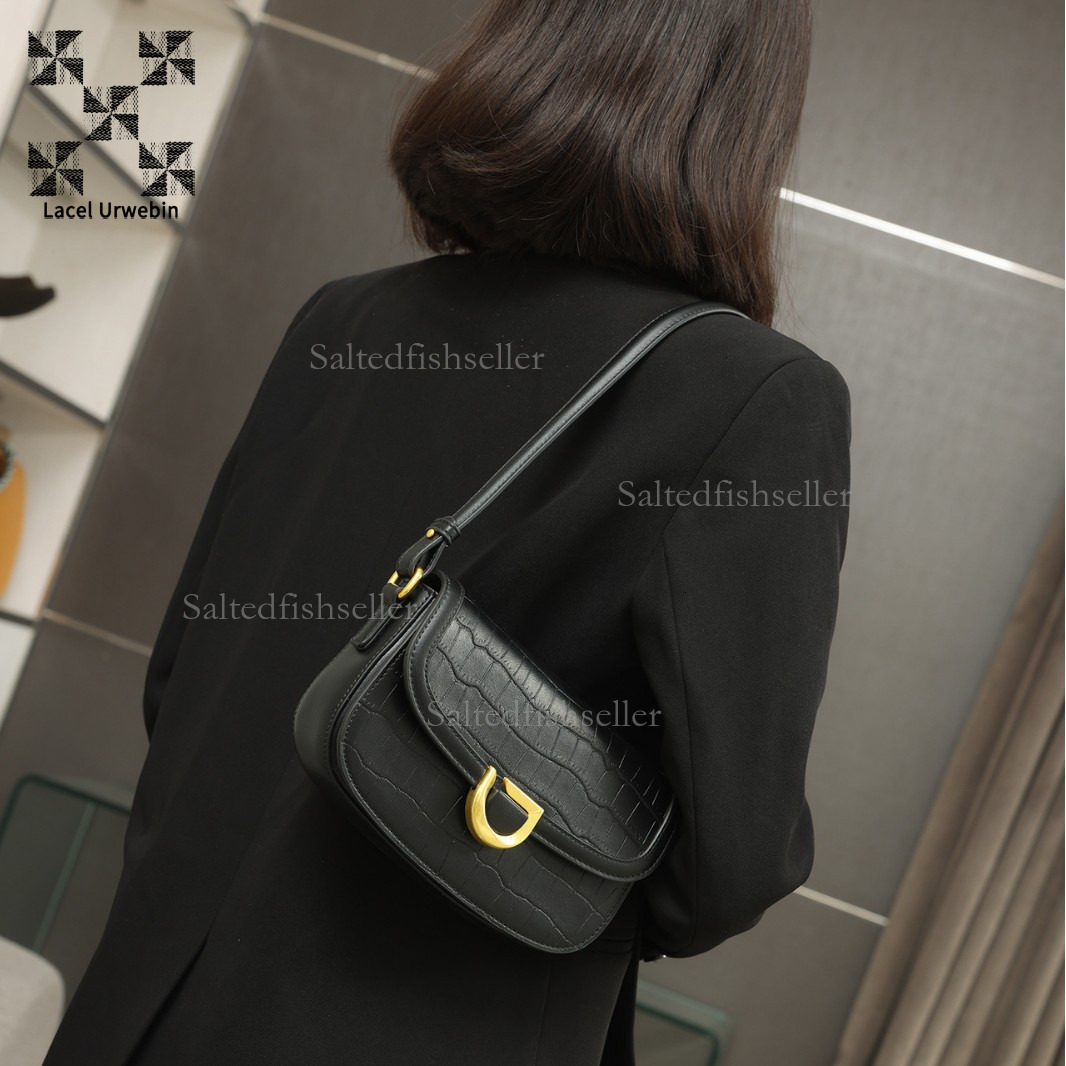 Lacel Urwebin Designer Luxury Women's Handbag Fashion New Stone Pattern Metal Magnetic Buckle Saddle Bag Versatile French Underarm Single Shoulde