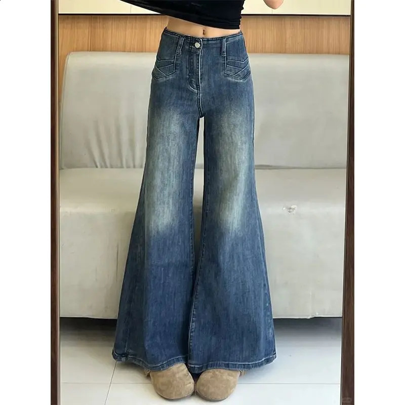 Vintage Washed Jean American Retro High Waist Flare Pants Non Sticky Leg Bootcut Denim Petite Stretch Wide Trouse 251018