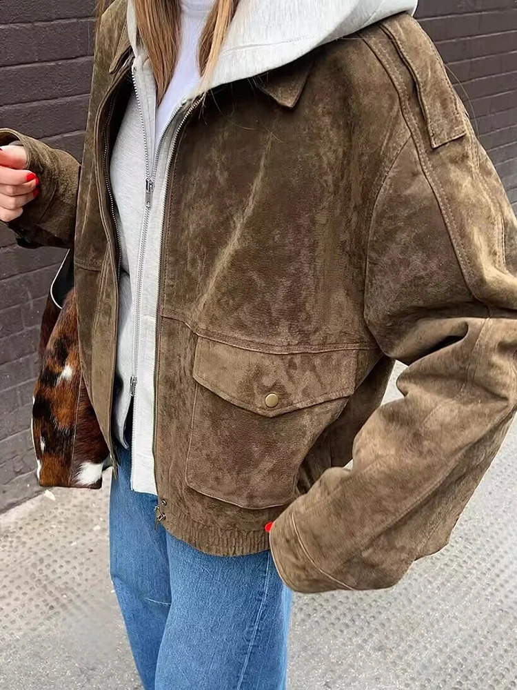 Yaphleet Women Elegant Suede Brown Bomber Jackets Fashion Ladies Casual Loose Outfits for Vintage Female Chic Clothes Cute 251020