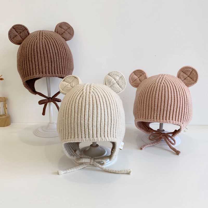 Bear Baby Ear Protection Woolen Cap Solid Color Toddler Beanie Children Knitted Hat 14 Years Boy Girl Kids Winter Warm HeadgearL251024