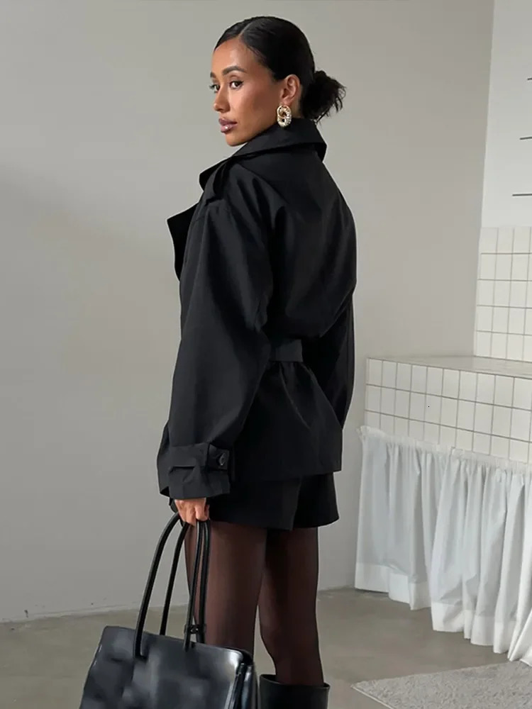 Solid Lapel Crop Windbreaker Women Fashion Long Sleeve Belt Waist Cinching Pockets Trench Coat Autumn Lady Street Outerwear 251021