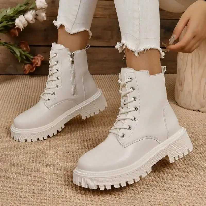 Thick Warm Long Plush Ankle Boots for Women Winter 2024 Lace Up Pu Leather Motorcycle Boots Woman Plus Size Short Booties Shoes W251024