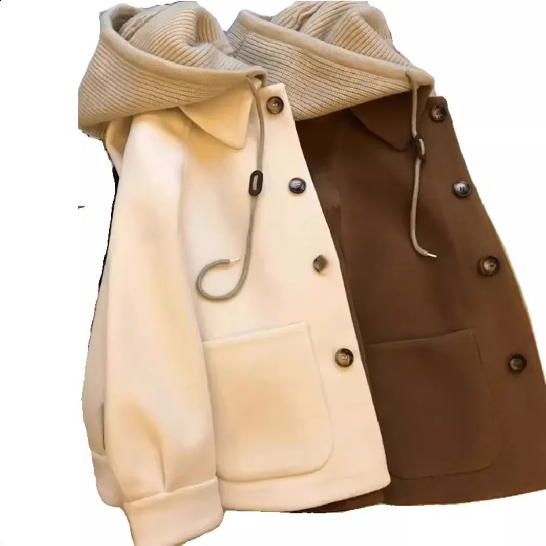 Womens Knitted Woolen Coat Vintage Loose Fit Hat n Thick Korean Style Autumn Winter Outerwear Fashionable Casual 251016