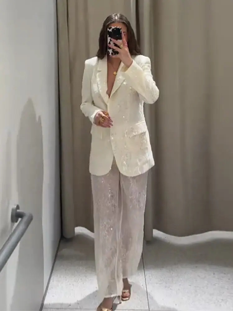 Transparent Sequin Jacket Suit Pants Suits Women Sexy Lapel Single Breasted Jacket See Through Straight Pants Fashion Lady Sets 251021