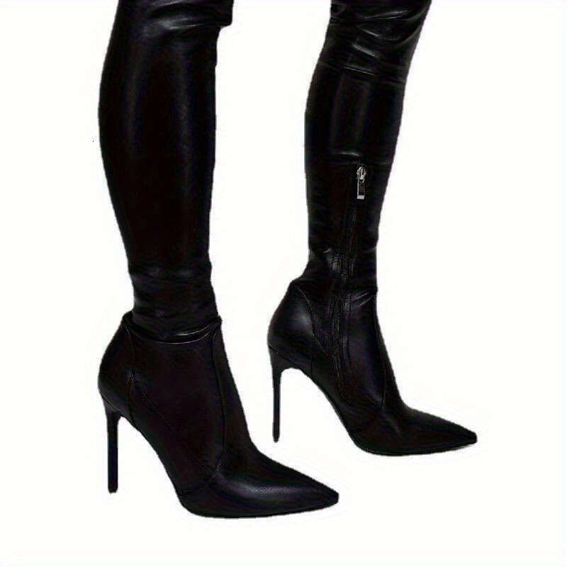 Women's Black Faux Over-The-Knee With Square Straps & Stiletto Heels - Pointed Toe, Zip Closure, High-Elastic Design For Stylish Look, Chic Eveni