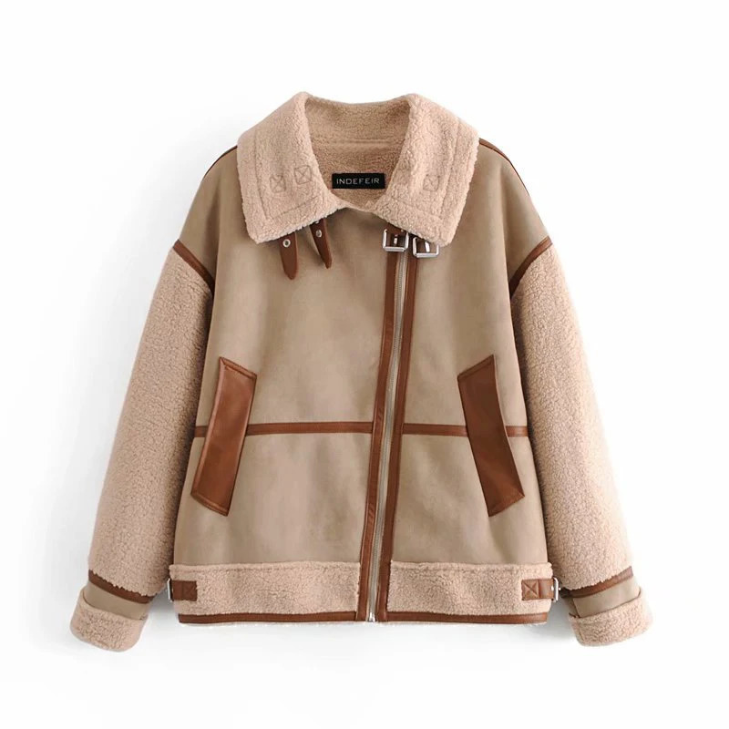 Womens Fashion Stitching Faux Leather Lamb Jacket With Zipper Decoration Stand Collar Thickening Warm Winter 251021