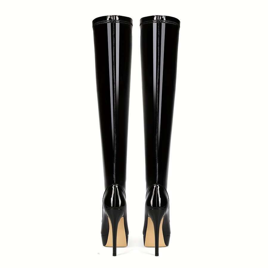 Women's Ultra-High Slip-On Glossy Black Evening Boots With Thick Heels, Slip-Resistant Rubber Sole Party, Formal, Everyday Extended Sizes Availab