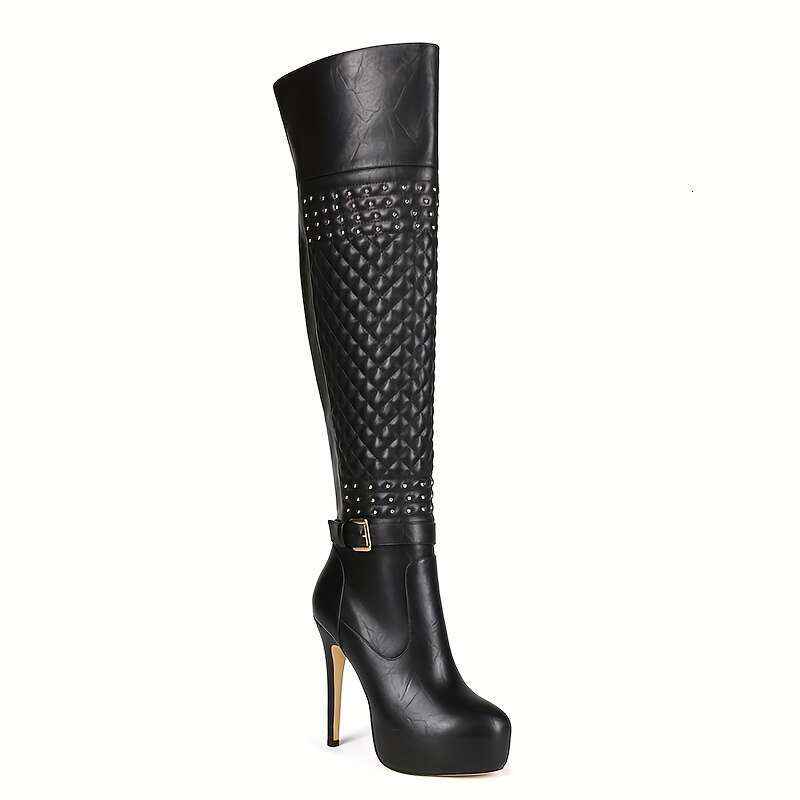 Rivet Pleated Design Black Versatile European And American Style Fashion Sexy Nightclub Height-Increasing High Quality Platform Round Toe Foot Shaping
