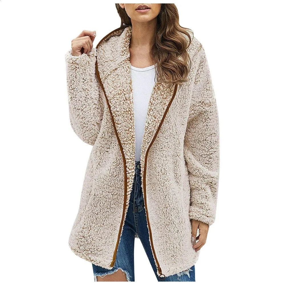 Autumn Winter Women Long Teddy Jacket Warm Thick Fleece Coat Turn Down Collar Plush Woman Casual Sleeve Clothes 251018