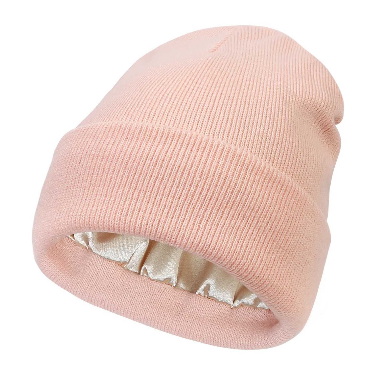 Autumn and Winter Hat Silk Satin Lined Beanies Men and Women Protective Hair Style Warm Knitted Hat Woolen Hat L251024