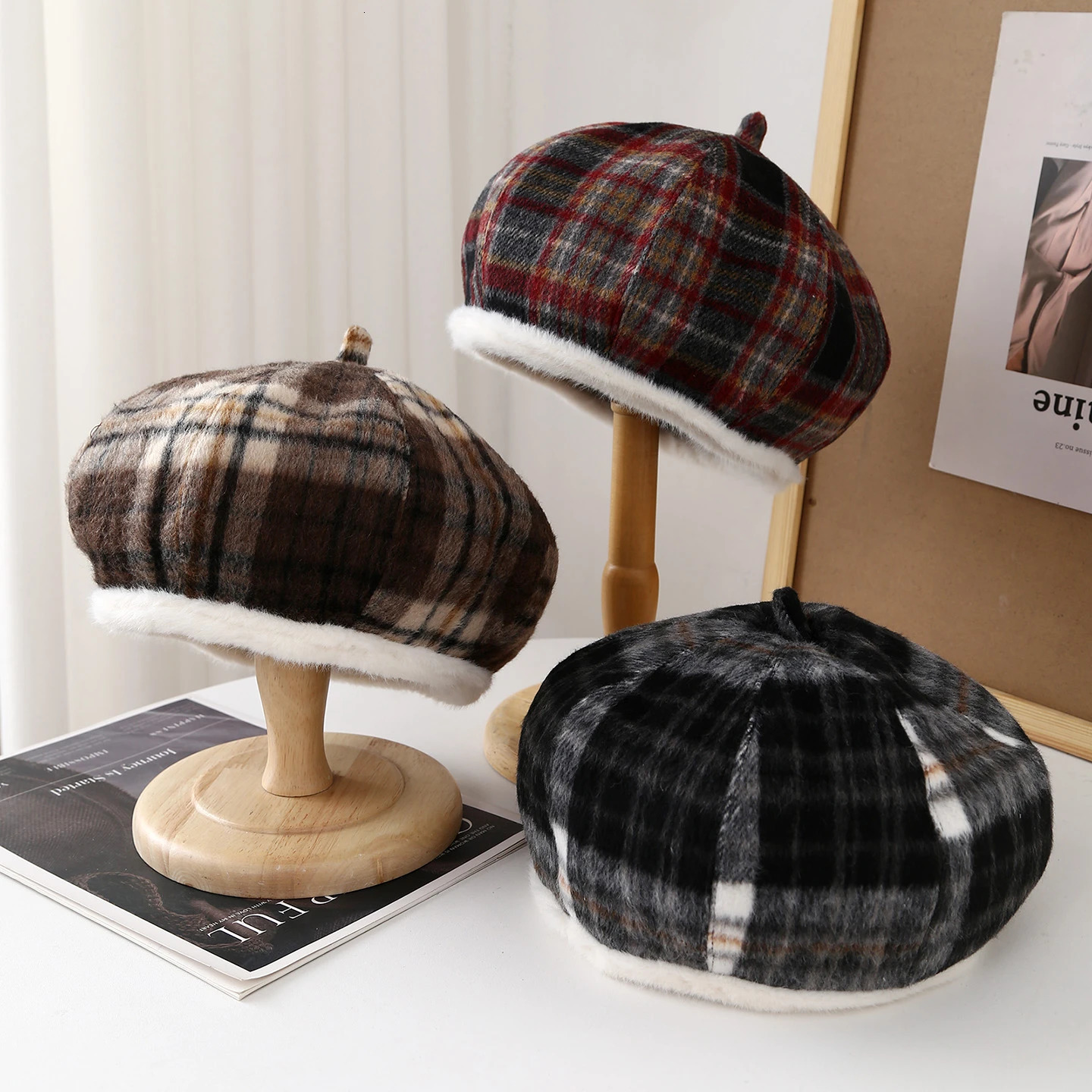Plaid Beret with White Trim for Women Warm Winter Hat Soft Blend Beanie Vintage Scottish Style Cap Perfect for Winter Outfits 251023
