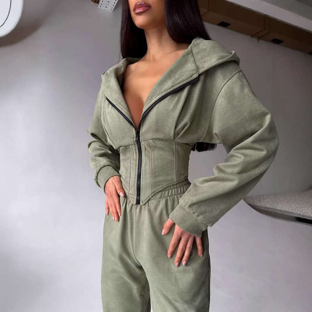 Wind Autumn Winter Women's Solid Color Waist Hoodie Sweatshirt Sports Casual Pants Two-Piece Set for Women