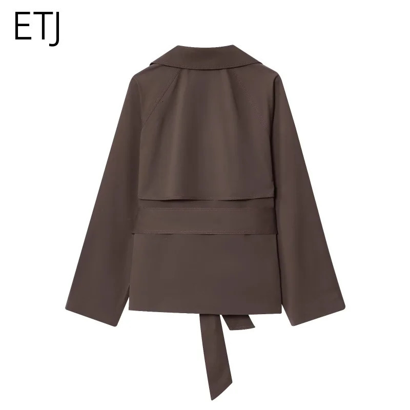 ETJ Autumn collection womens British style lapel doublebreasted Maillard color belt casual trench coat 251021