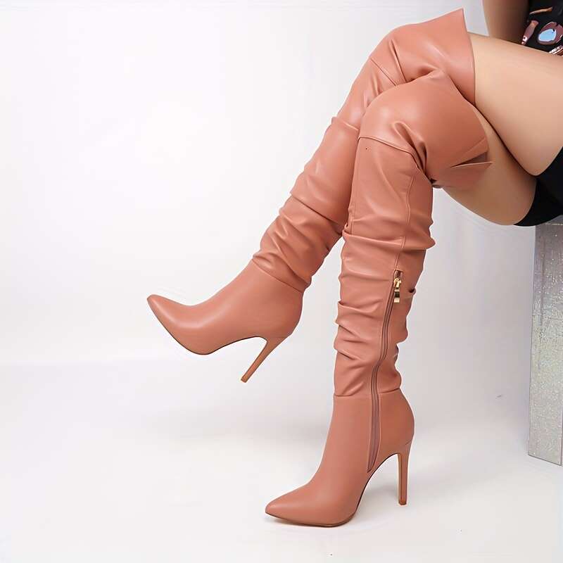 Women's Solid Color Stiletto Heeled Fashion Point Toe Over The Knee Boots, Stylish Side Zipper Faux Leather Boots