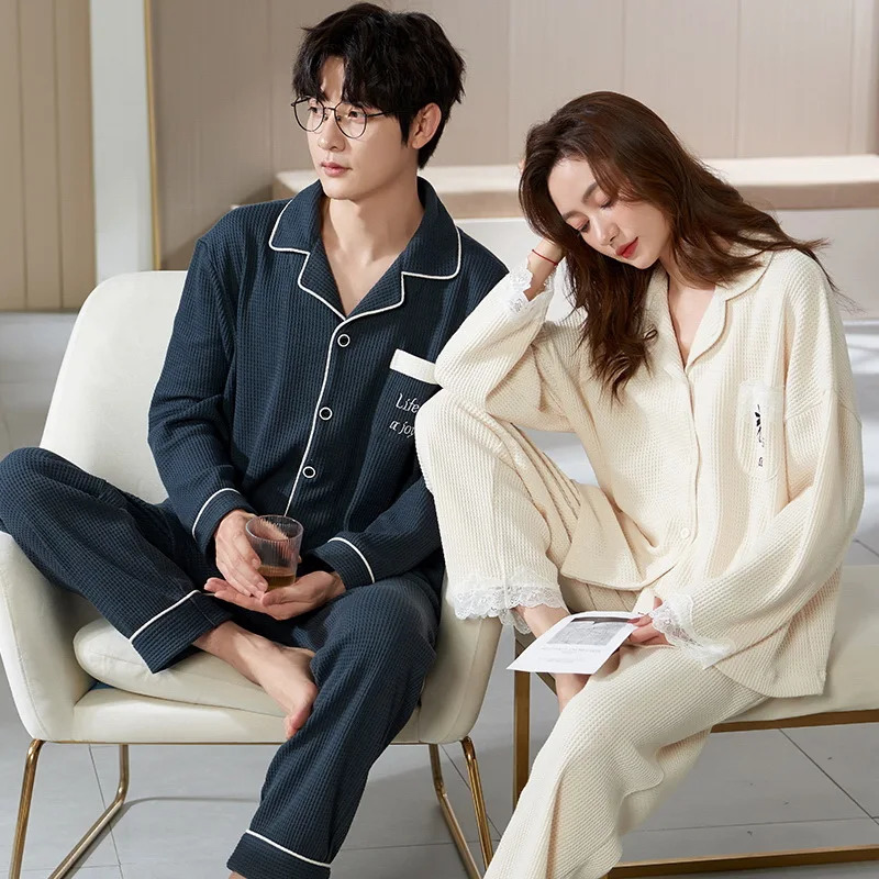 Autumn Couple Pijamas Set For Men Women Cotton Kimono Homewear Man Pjs Female Pijamas Suit Pyjamas Home Clothes Drop Ship 251021
