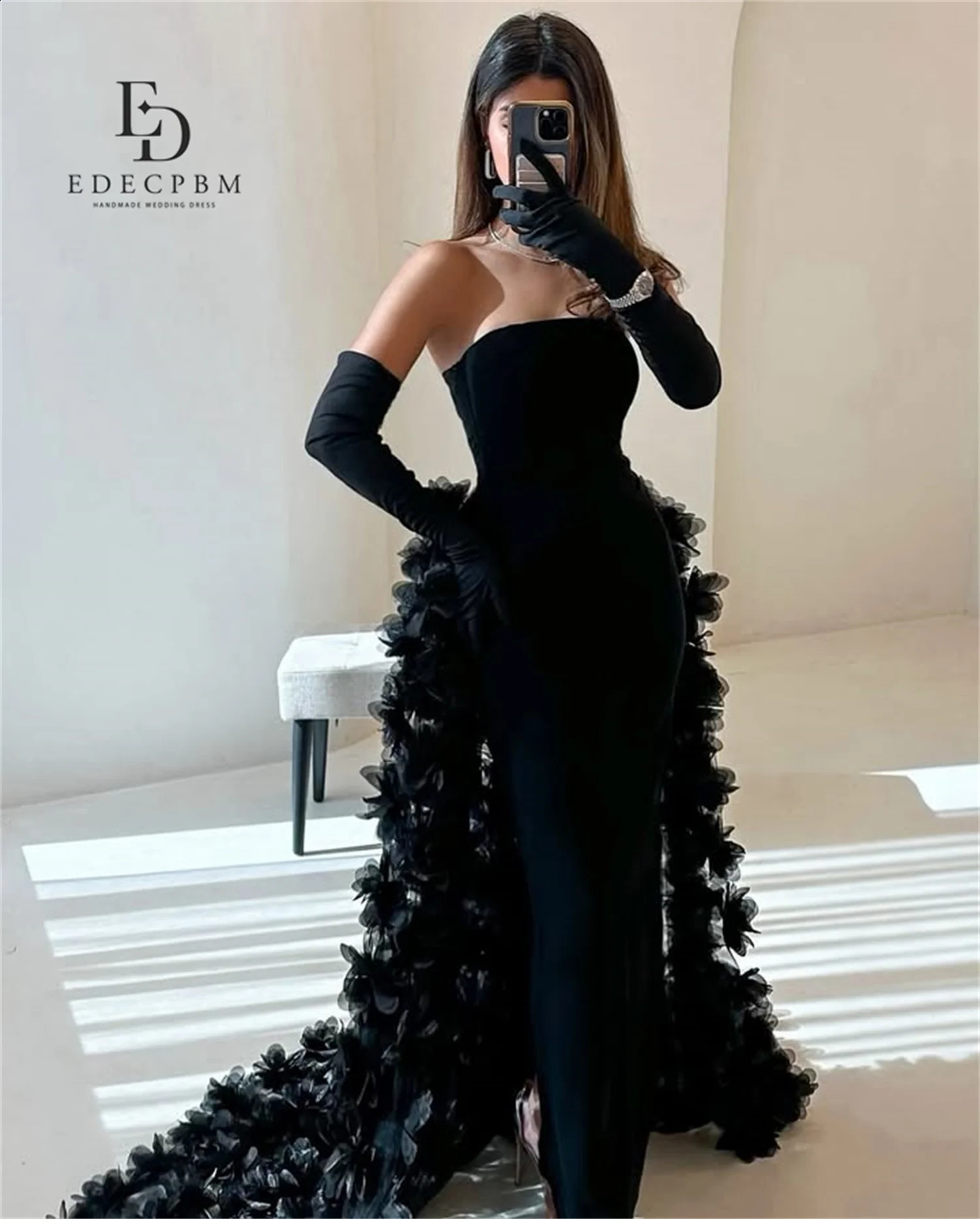 EDECPBM Saudi African Mermaid Dress Women Party Black 3D Flowers Tail Dress With Feathers Customized Evening Wedding Prom Events 251023