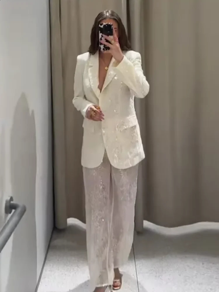 Women Suit Sequin Blazer Long Sleeve Laple Jacket Straight Perspective Trouser 2 Piece Pant Set Elegant Lady Office Outwear 251023
