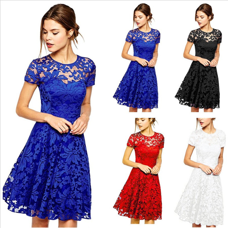Summer Elegant Fashion Round Neck Short Sleeve Lace Trim Dress