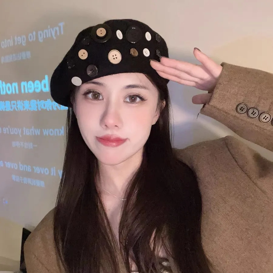 Autumn Wool Beret Brown Button Artist Cap Korean Style 8Panel Hat for Women 251023