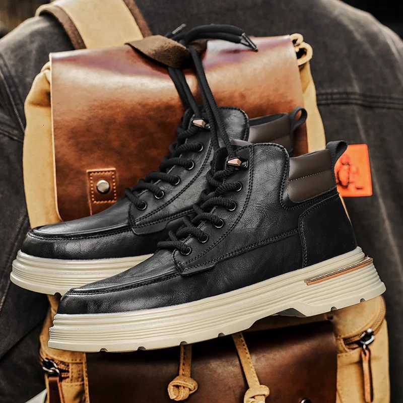 LaceUp High Top Sneakers Fashion Mens Ankle Boots New Basic Male Motorcycle Boots Stylish Handmade High Top Shoes Mens Botas W251024