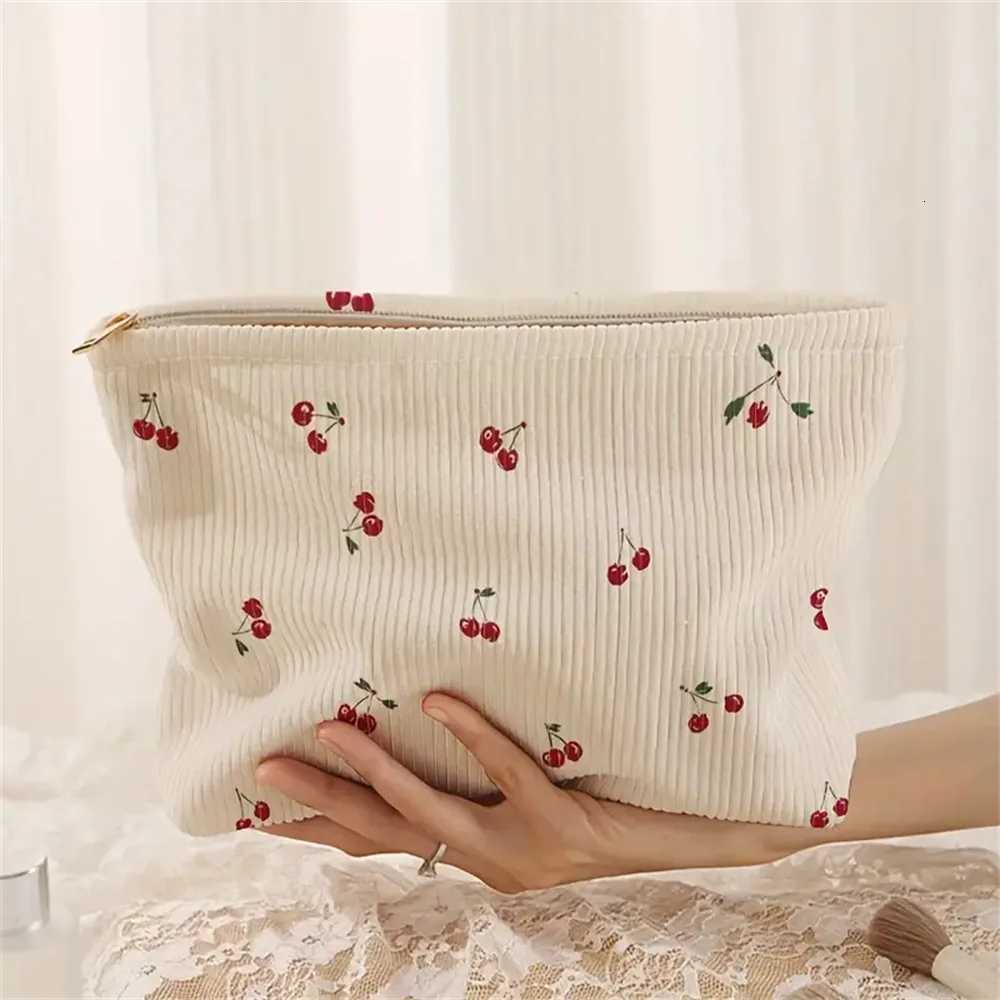 Hand Painted Cherry Corduroy Drawstring Makeup Bag Lightweight Travel Toiletry Pouch Bohemian Style Cosmetic OrganizerT251024