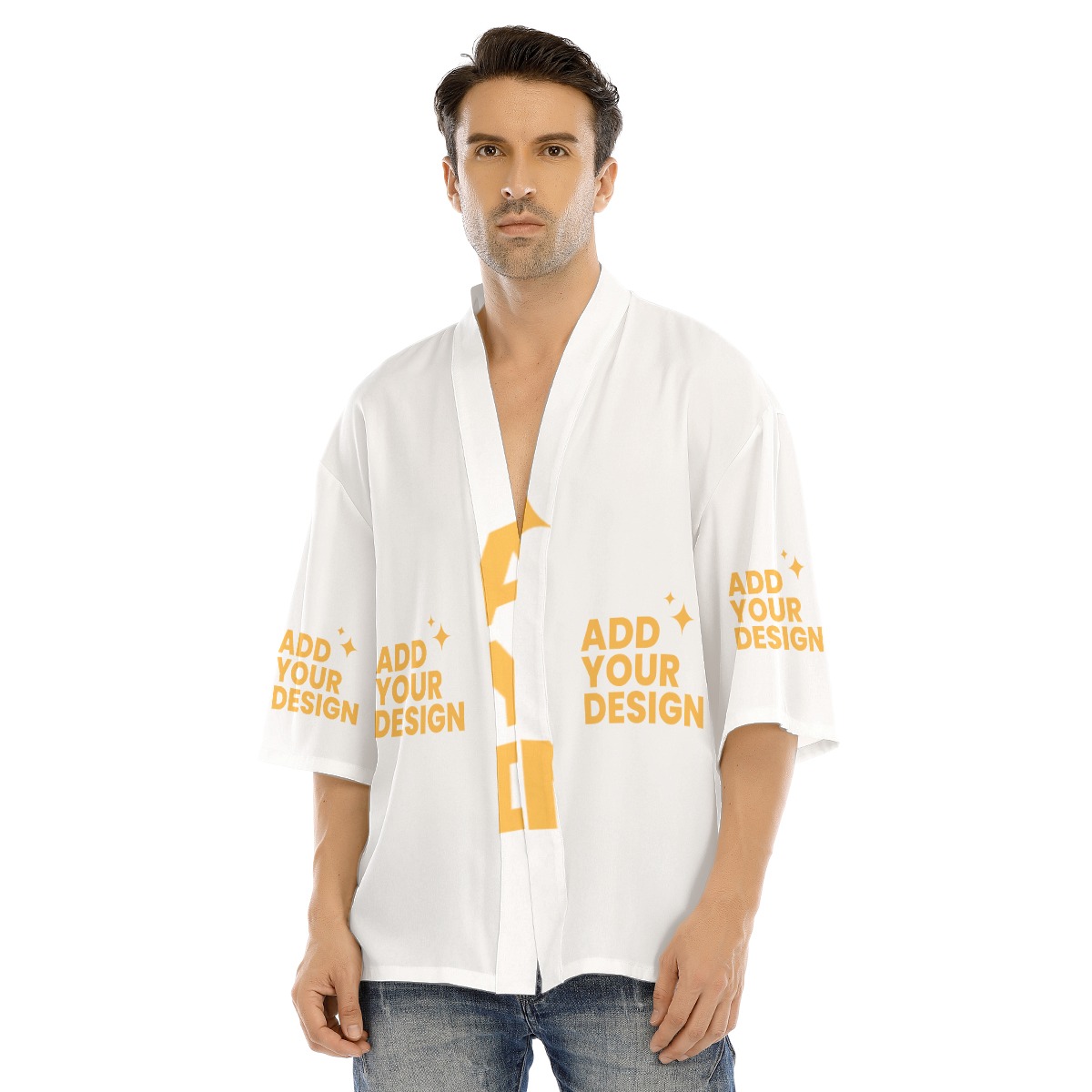 DHgatepod Men's Drop Shoulder Short Jacket - All-Over Print Non-Stretch Open Front Duster for Layered Streetwear