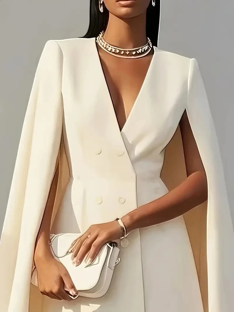 Autumn commuting doublebreasted shawl cloak solid colour suit dress womens clothing 251022