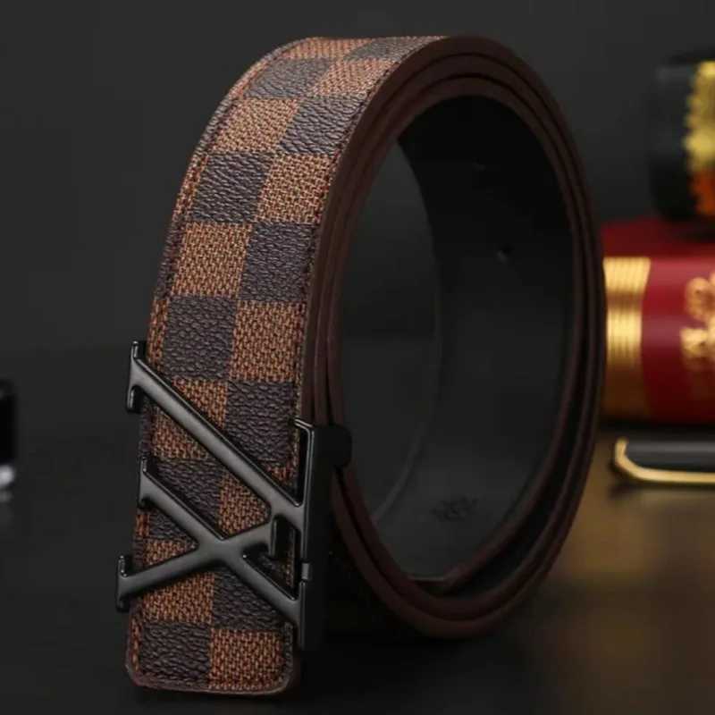 Luxury Mens Checkered Pattern Genuine Leather Belt Premium Cowhide Automatic Buckle 35cm Wide for Business Casual C251024