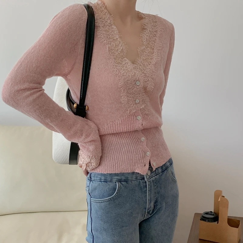 Highfashion Kawaii Botton Up Lace Patchwork Knitted Cardigan Women Autumn Winter Ladies Elegant Vintage Sweater Wholesale 251013