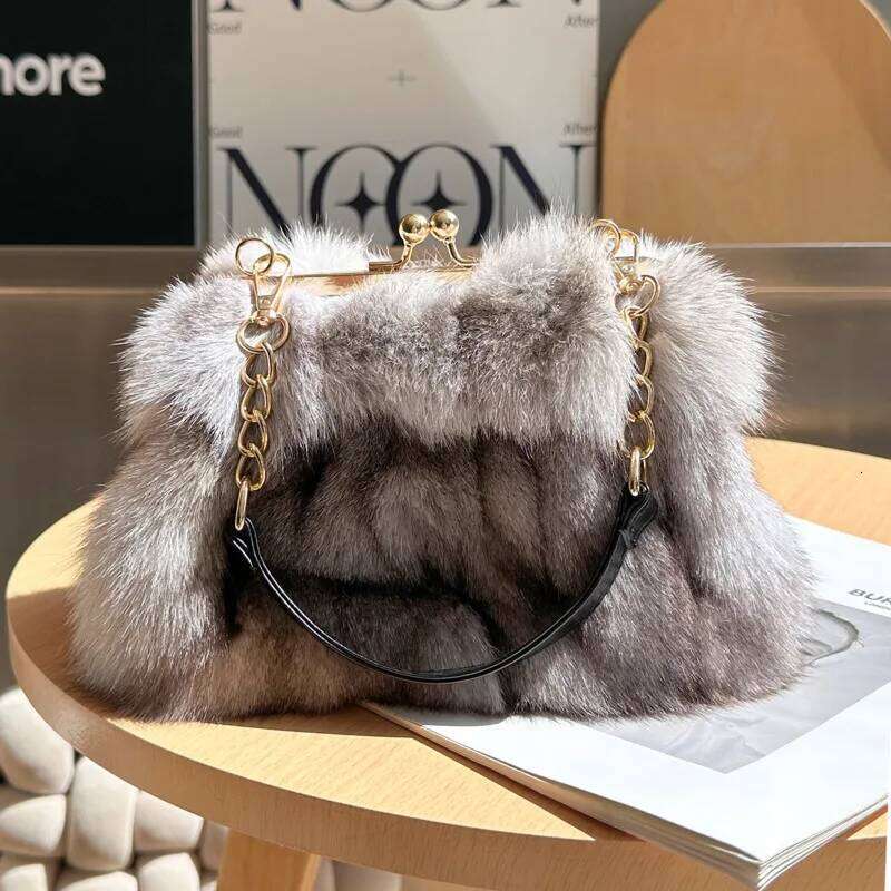 Real Winter Fashion Crossbody Fur Handbag Plush Chain Shoulder For Women Natural Sier Fox Bag