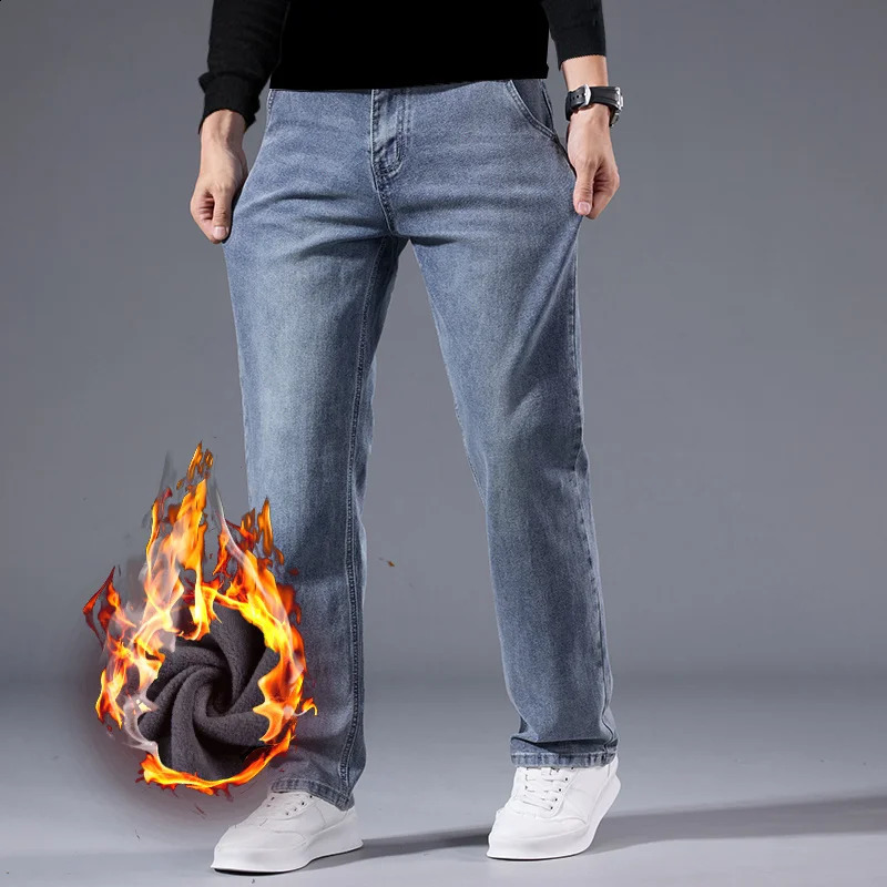 Mens Winter Warm Fleece Lined Thick Stretchable Business Casual Jeans Lightweight Trousers for Office And Daily Wear 251018
