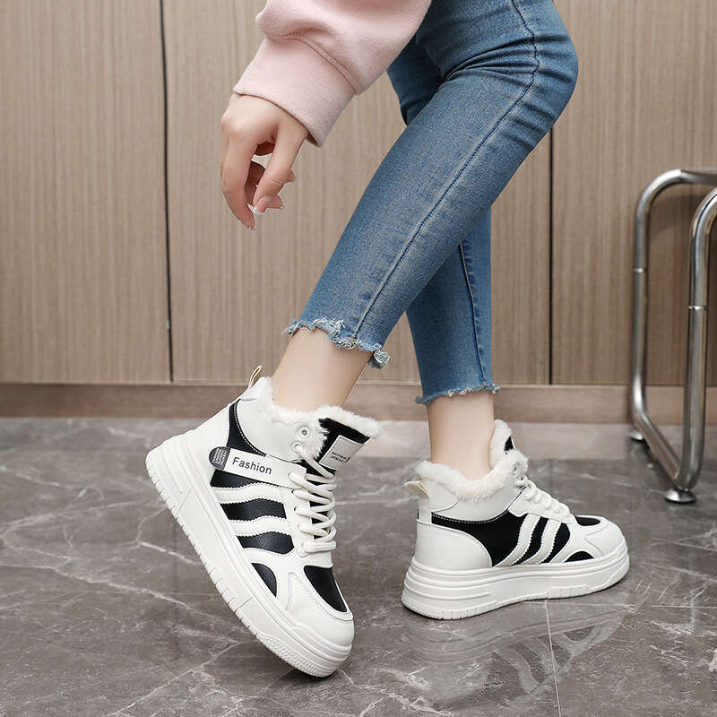 Winter New Ins Korean Version Fleece-Lined High-Top Sneakers for Female Students, Height-Increasing Thick-Soled Casual Warm Shoes boot snow boots wome