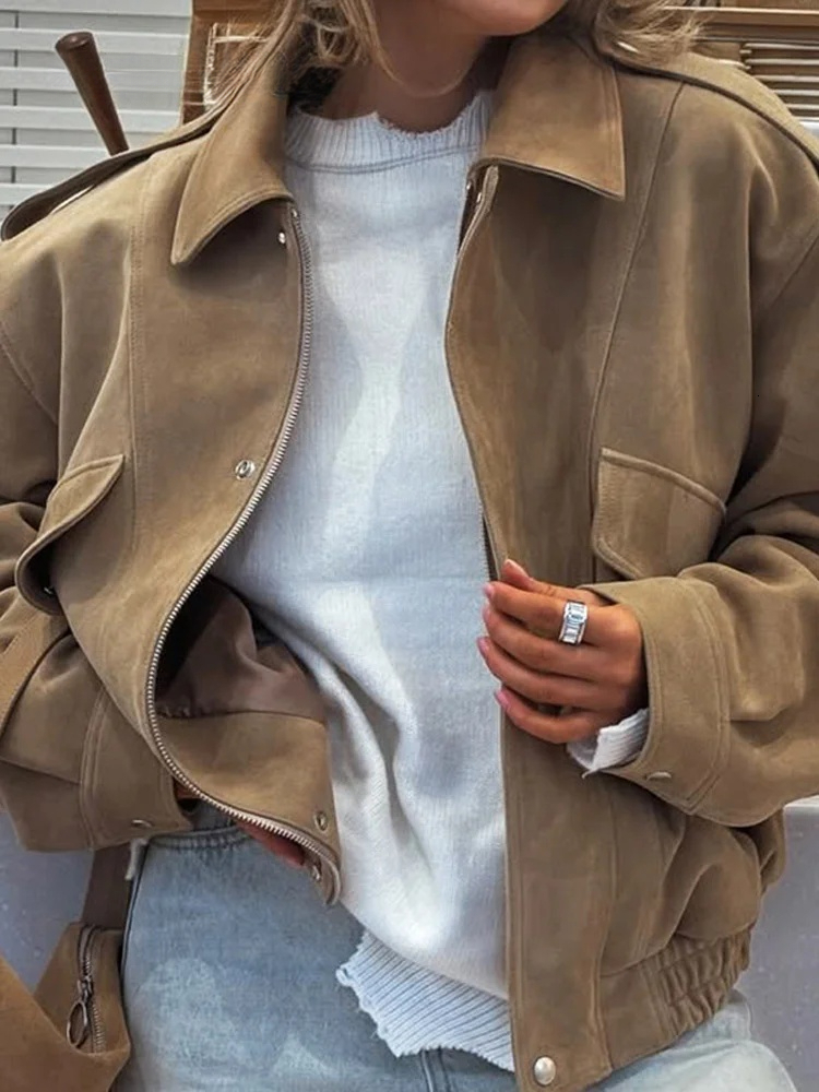 Chic Suede Bomber Jackets Women Loose Lapel Zipper Long Sleeve Pockets Female Coats 2025 Autumn Lady Commute Outwear New dongdumaoyi
