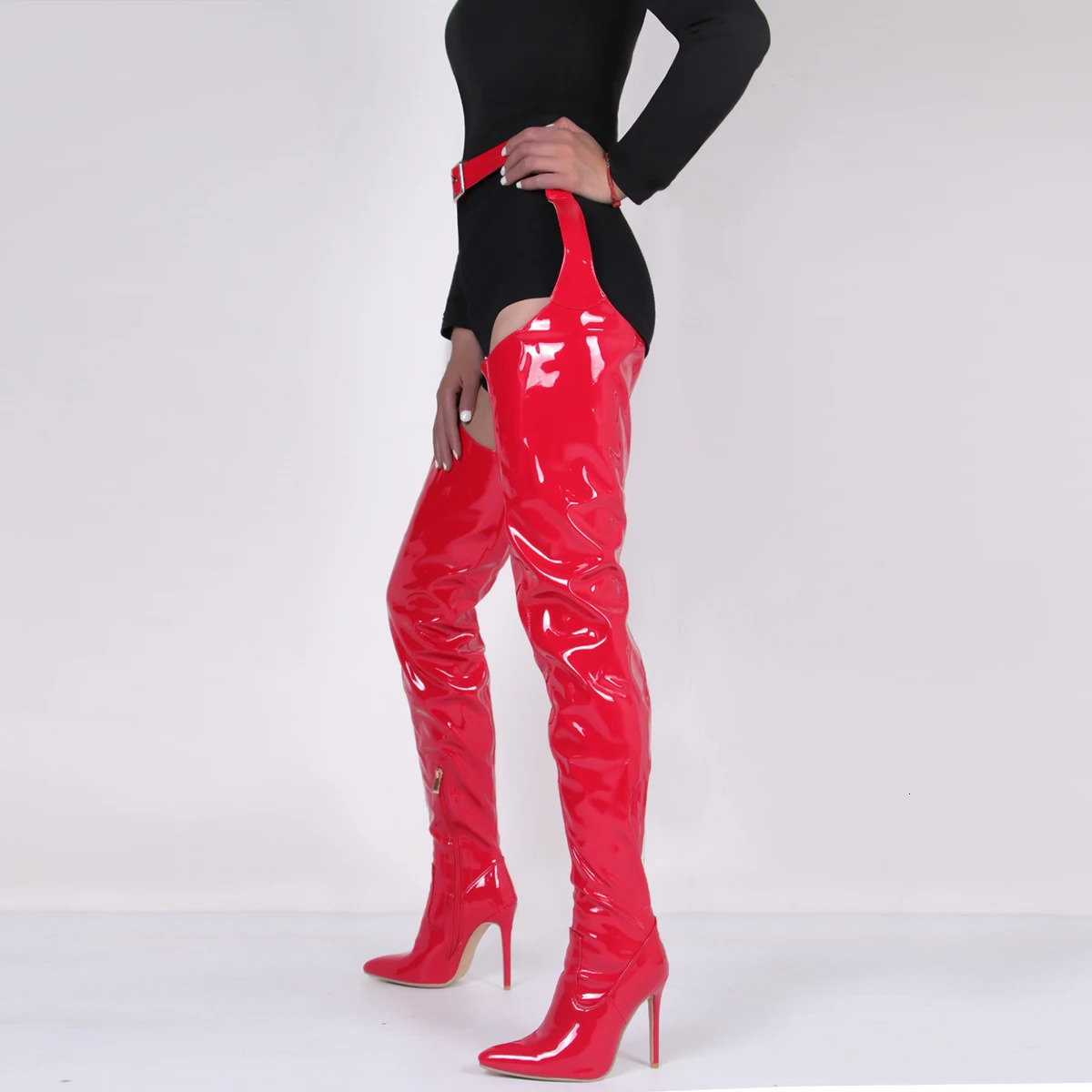 Red Patent Leather Waterproof Women Over The Knee Boots High Heels Solid Pointed Toe Stiletto Night Club Bar Womens Boots 251023
