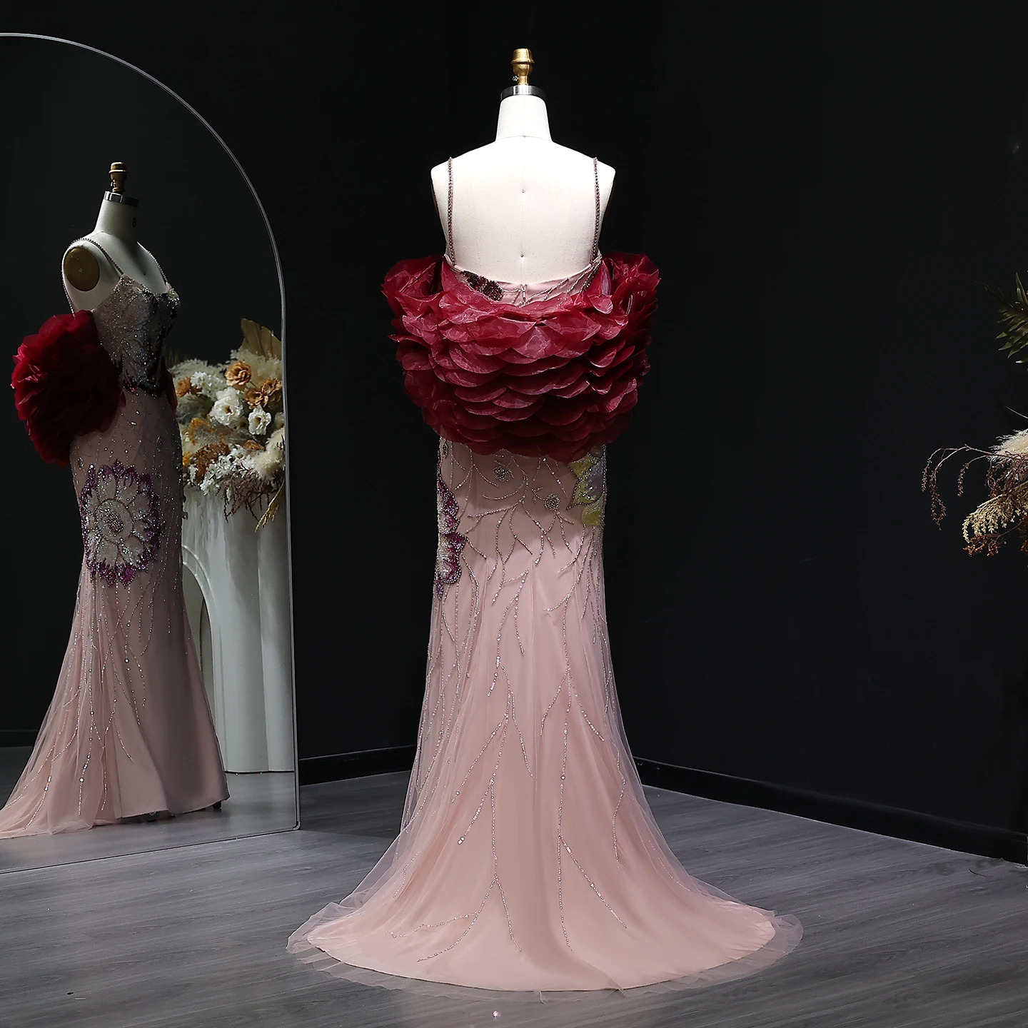 Sharon Said Pink Floral Beaded Evening Dress with Burgundy Shawl Cape Elegant Party Dress for Women SS515 Customized 251023