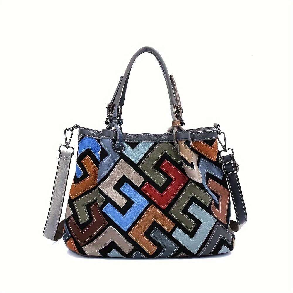Cross-Border New Factory Spot Contrast Geometric Pattern Ing Cross-Body Leather Handbag Women's Bag Color Random