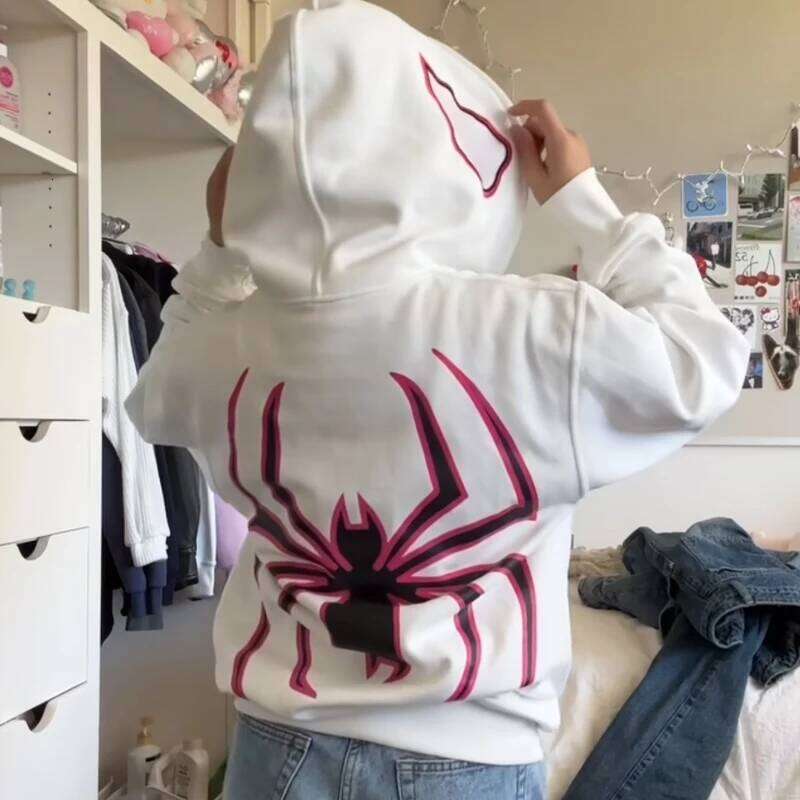 Y2k New Korean Women Hooded Shirt Gothic Spider Print Hoodie Zip Up Sweatshirt Vintage Streetwear Clothing Loose Hip Hop Clothes