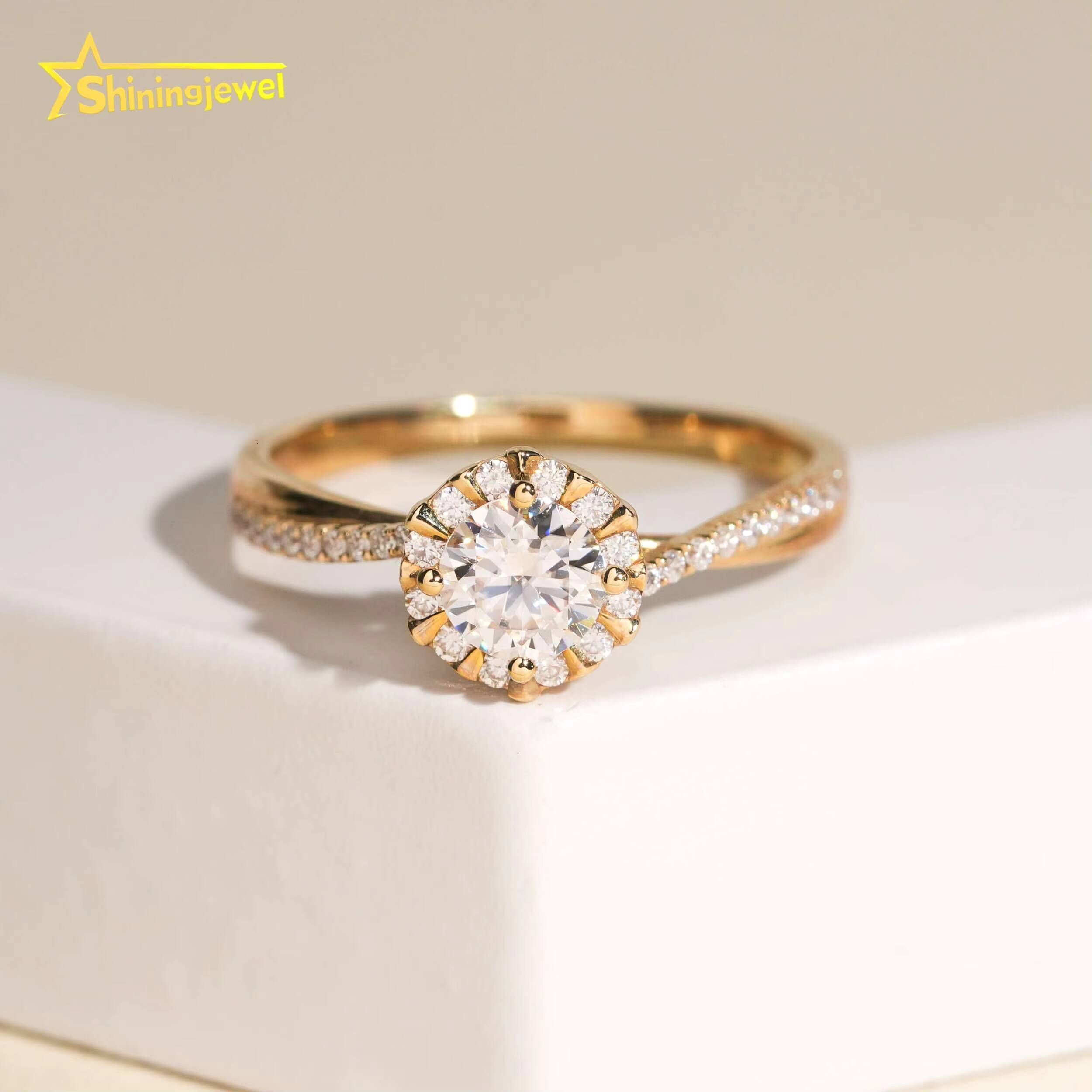 14K Solid Gold Halo Ring Round Cut Moissanite Engagement Rings for Women Pass Diamond Tester