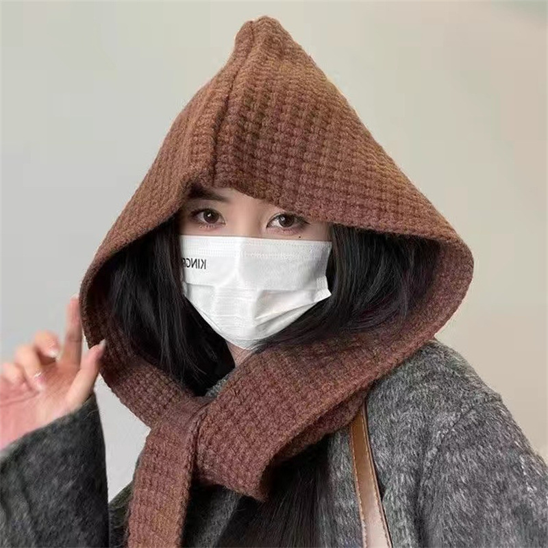 Women's Winter Fashion Trendy Scarf Dual-use Knitted Cape Versatile Solid Color Warm Hooded Shawl Integrated Hat