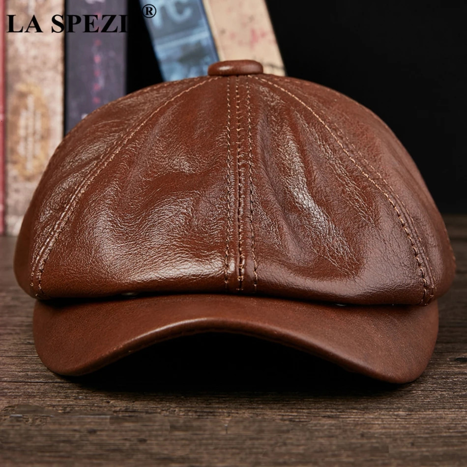 LA SPEZIA Black sboy Hats For Men Genuine Cowskin Leather Octagonal Cap Male Autumn Winter Fitted Vintage Duckbill Hats Beret 251021